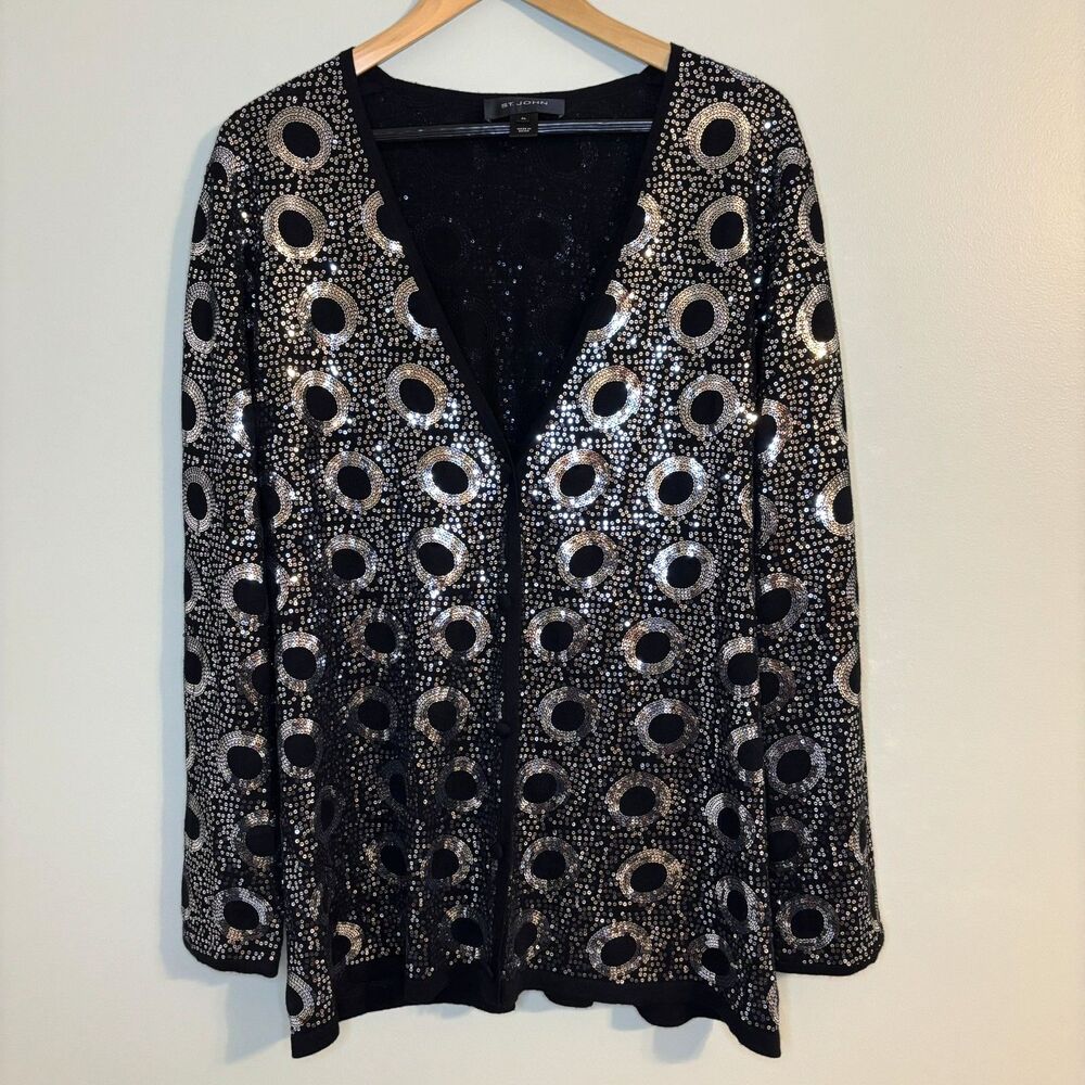 St. John Sequin Cardigan Black Silk Cashmere Merino Wool Sweater Glam XL $482 - Picture 2 of 12